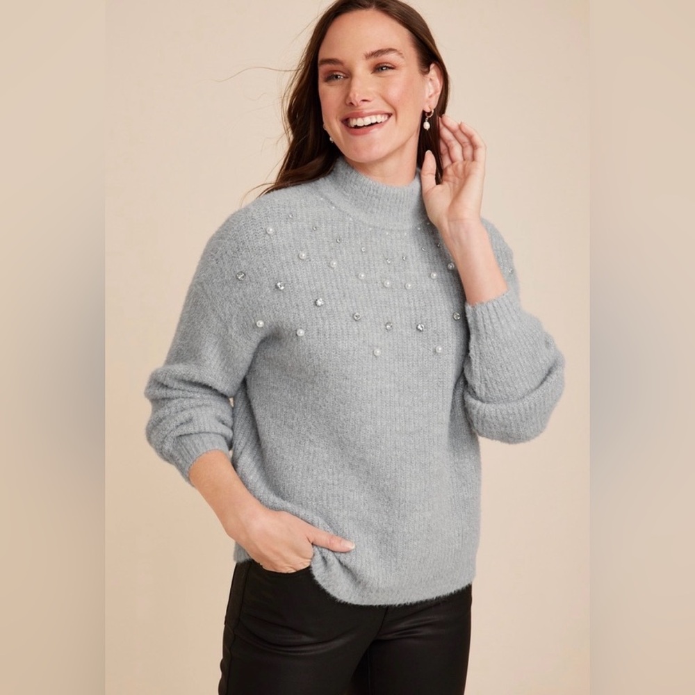 Maurices Light Blue Embellished Mock Neck Sweater